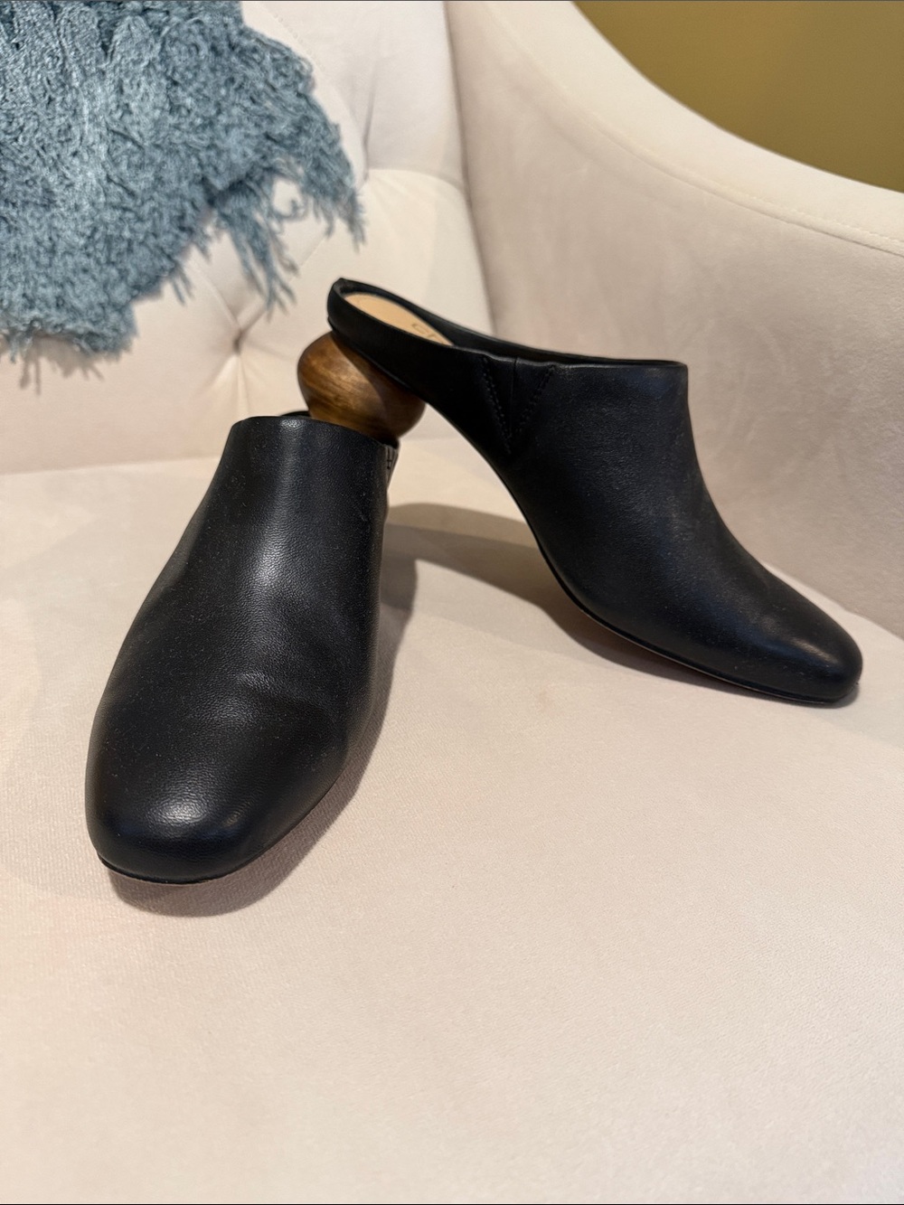 Chico's Black Leather Mule Heels with Sculpted Wood Ball Heel